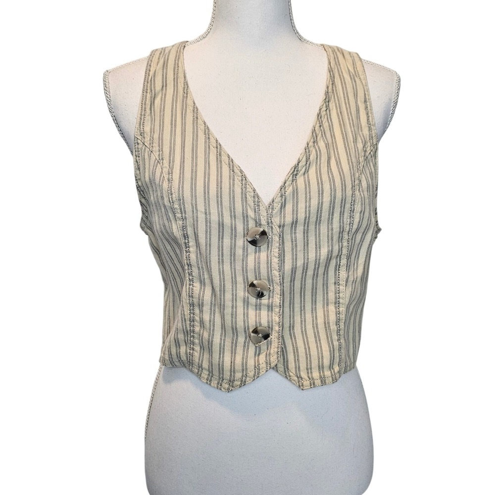 A.n.a Cream Blue Button V-neck Stripe Vest Tank Top Size‎ Medium Light Academia